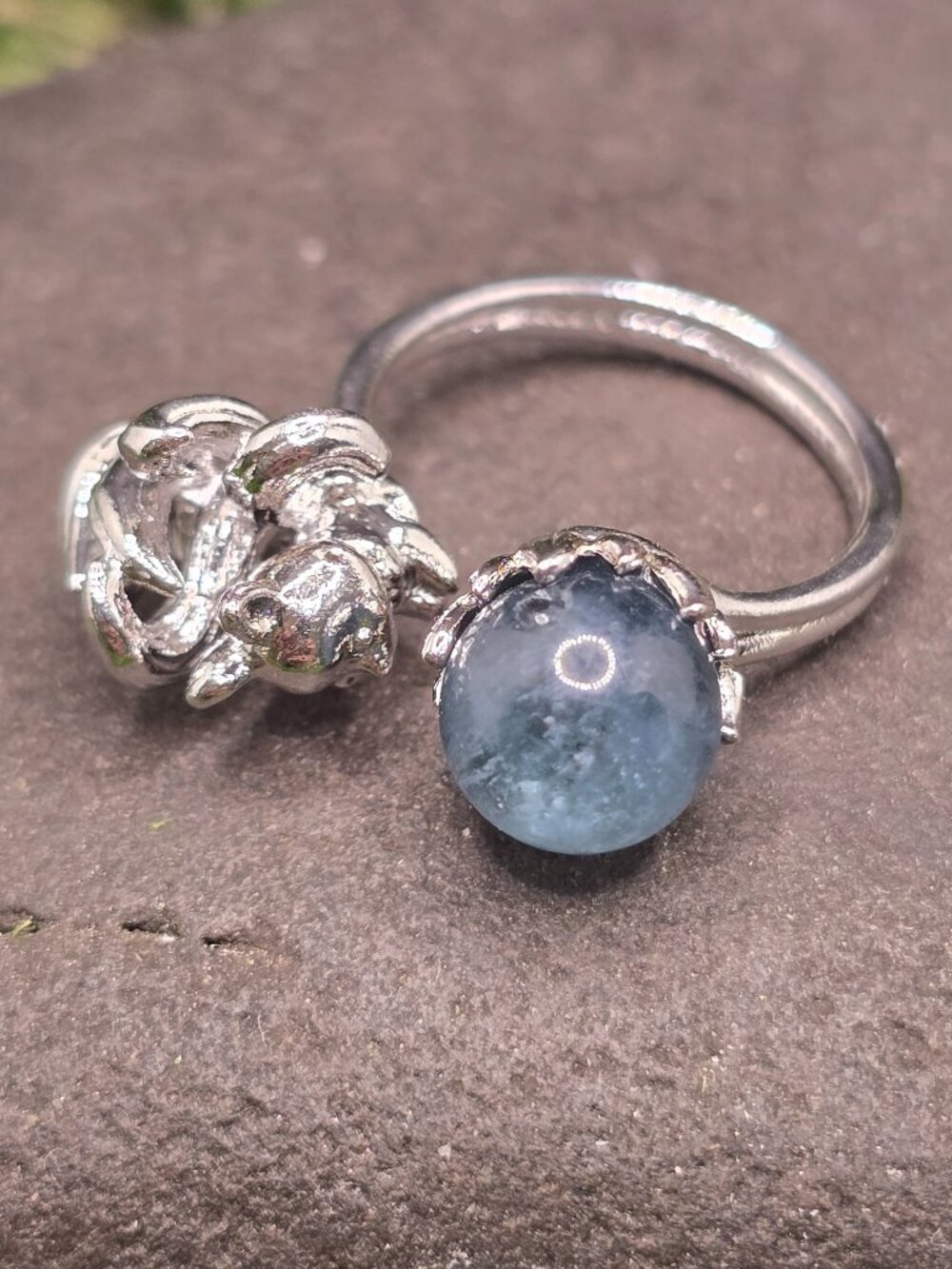Blue Fluorite Nine Tail Fox Adjustable Ring Size 6-10 Silver Tone Jewelry